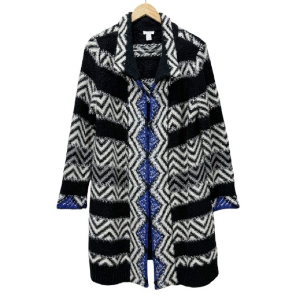 Chico’s Black White Blue Chevron Knit Long Cardigan Sweater Coat Size 2 (Large
